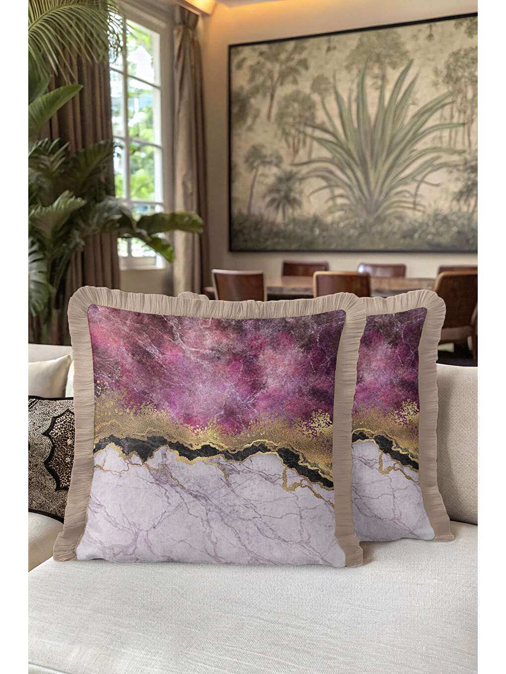 Karışık Lüks Mermer Efektli Saçaklı Yastık Kılıfı - Modern Altın Renkli Mor Püsküllü Kırlent Kılıfı-5