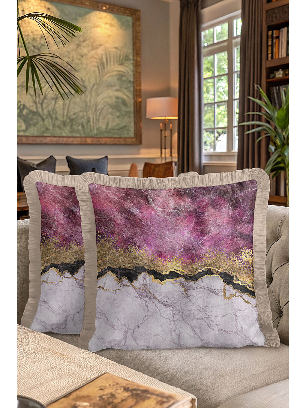Karışık Lüks Mermer Efektli Saçaklı Yastık Kılıfı - Modern Altın Renkli Mor Püsküllü Kırlent Kılıfı-7