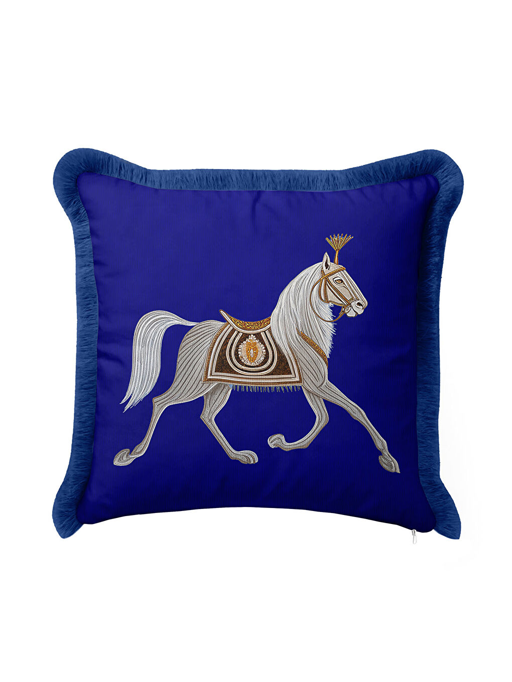 Karışık Asil At Figürlü Saçaklı Yastık Kılıfı - Saray İhtişamı Klasik Mavi Gold Püsküllü Kırlent Kılıfı-1