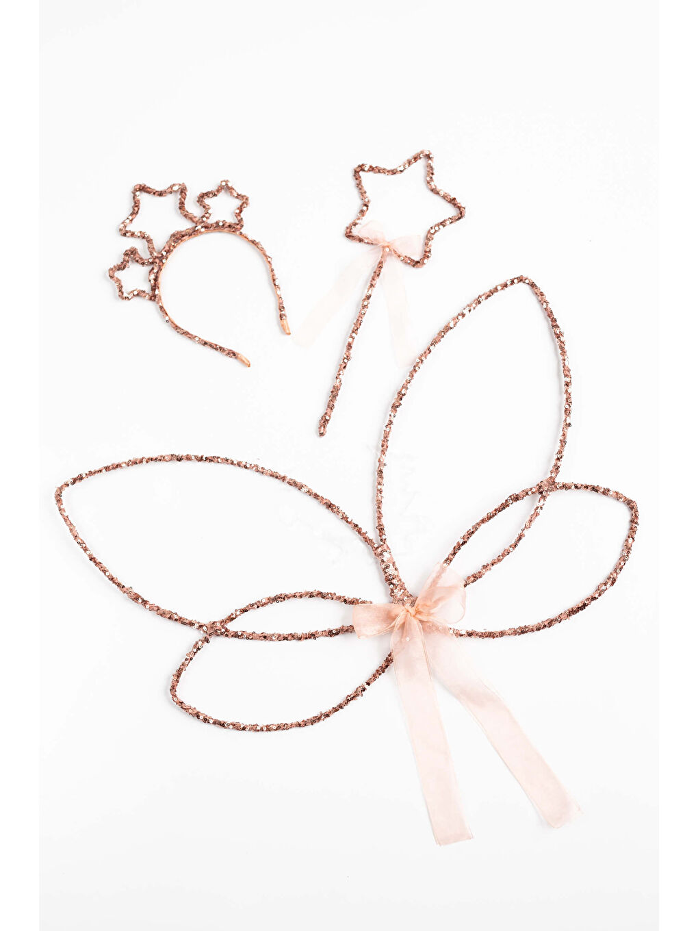 Pembe Rose Simli Kelebek Kanat Asa Taç 3'lü Set