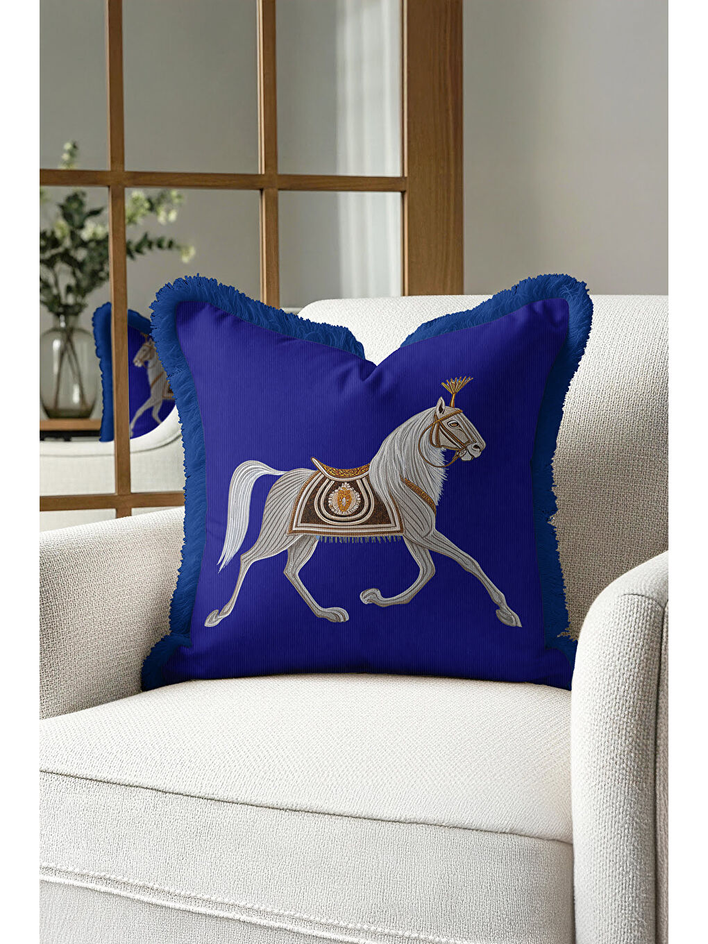 Karışık Asil At Figürlü Saçaklı Yastık Kılıfı - Saray İhtişamı Klasik Mavi Gold Püsküllü Kırlent Kılıfı-2