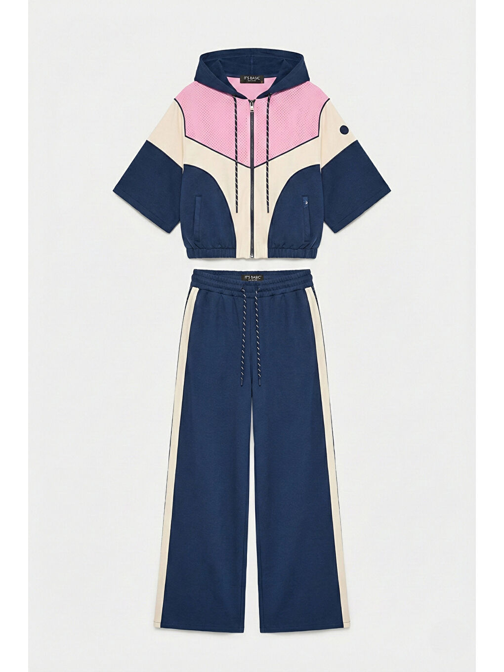 Kadın Lacivert Ekru s6-56 Kapüşonlu Sweatshirt Yürüyüş Efofman Pantolon 2'li Tasarım Takım-6