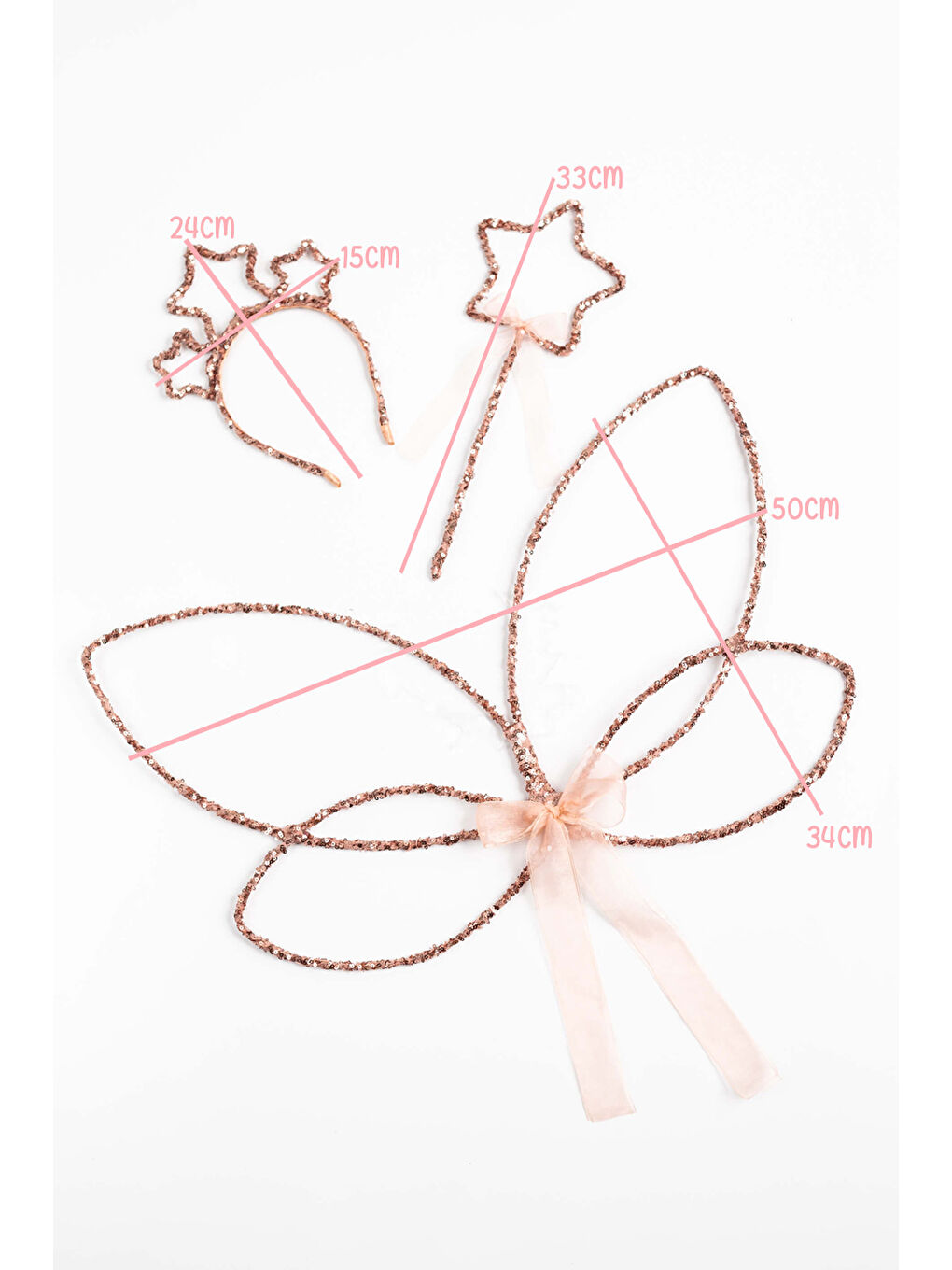 Pembe Rose Simli Kelebek Kanat Asa Taç 3'lü Set-1