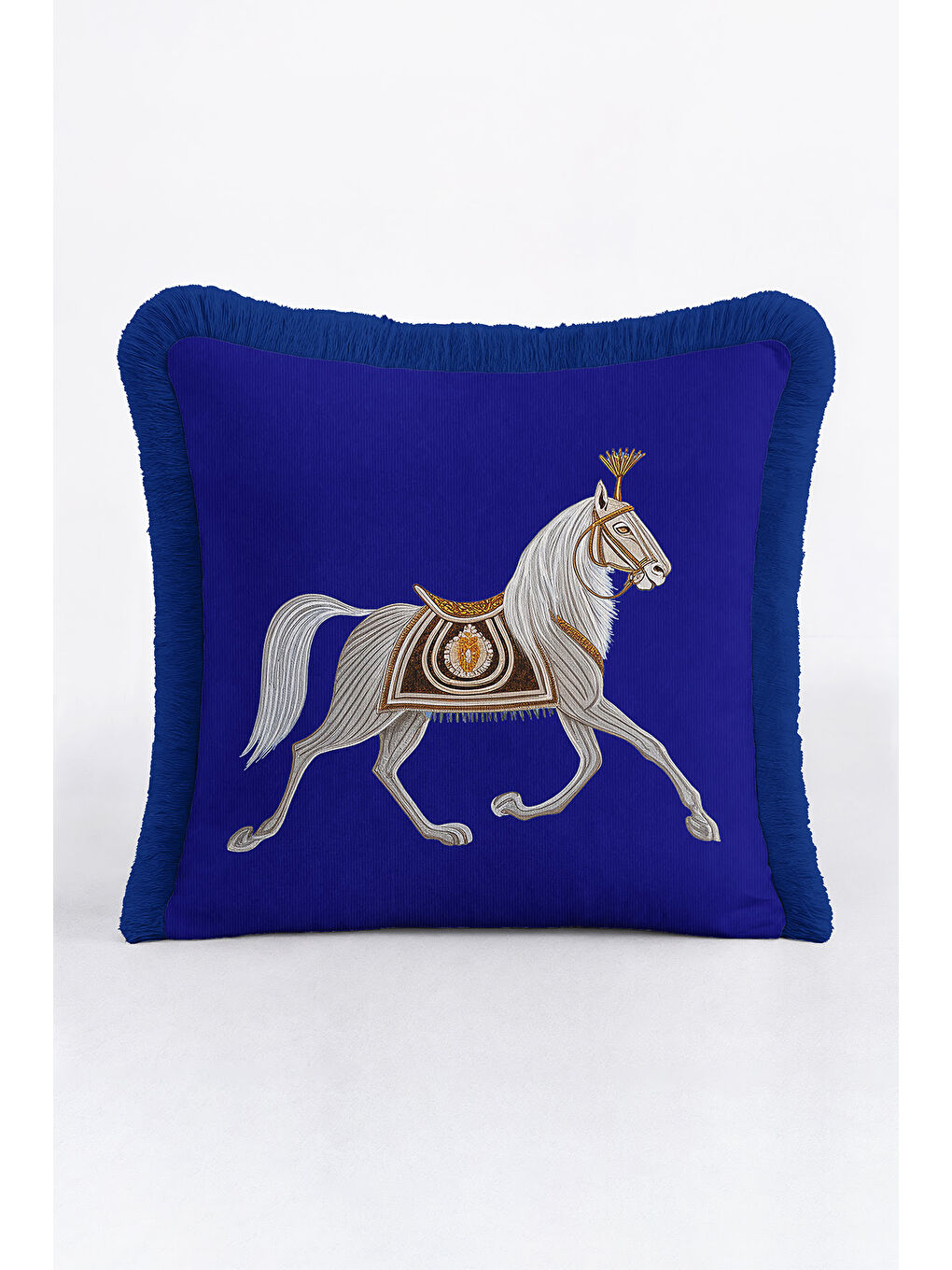 Karışık Asil At Figürlü Saçaklı Yastık Kılıfı - Saray İhtişamı Klasik Mavi Gold Püsküllü Kırlent Kılıfı-3