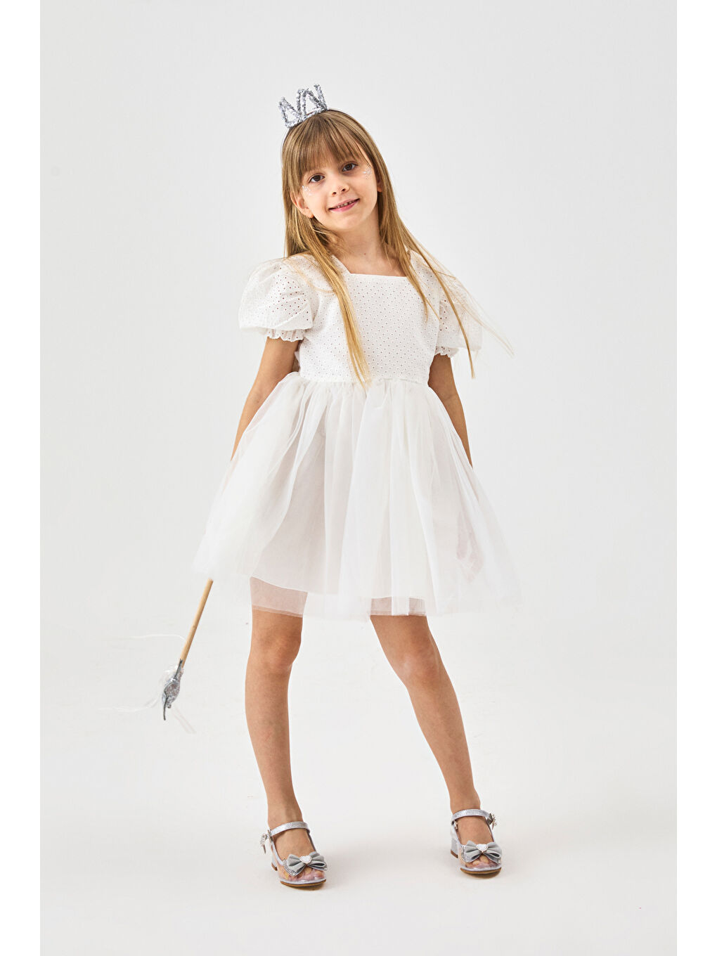 Beyaz Kısa Kollu Fisto Bluzlu Tül Etekli Kız Çocuk Elbise - Marcia