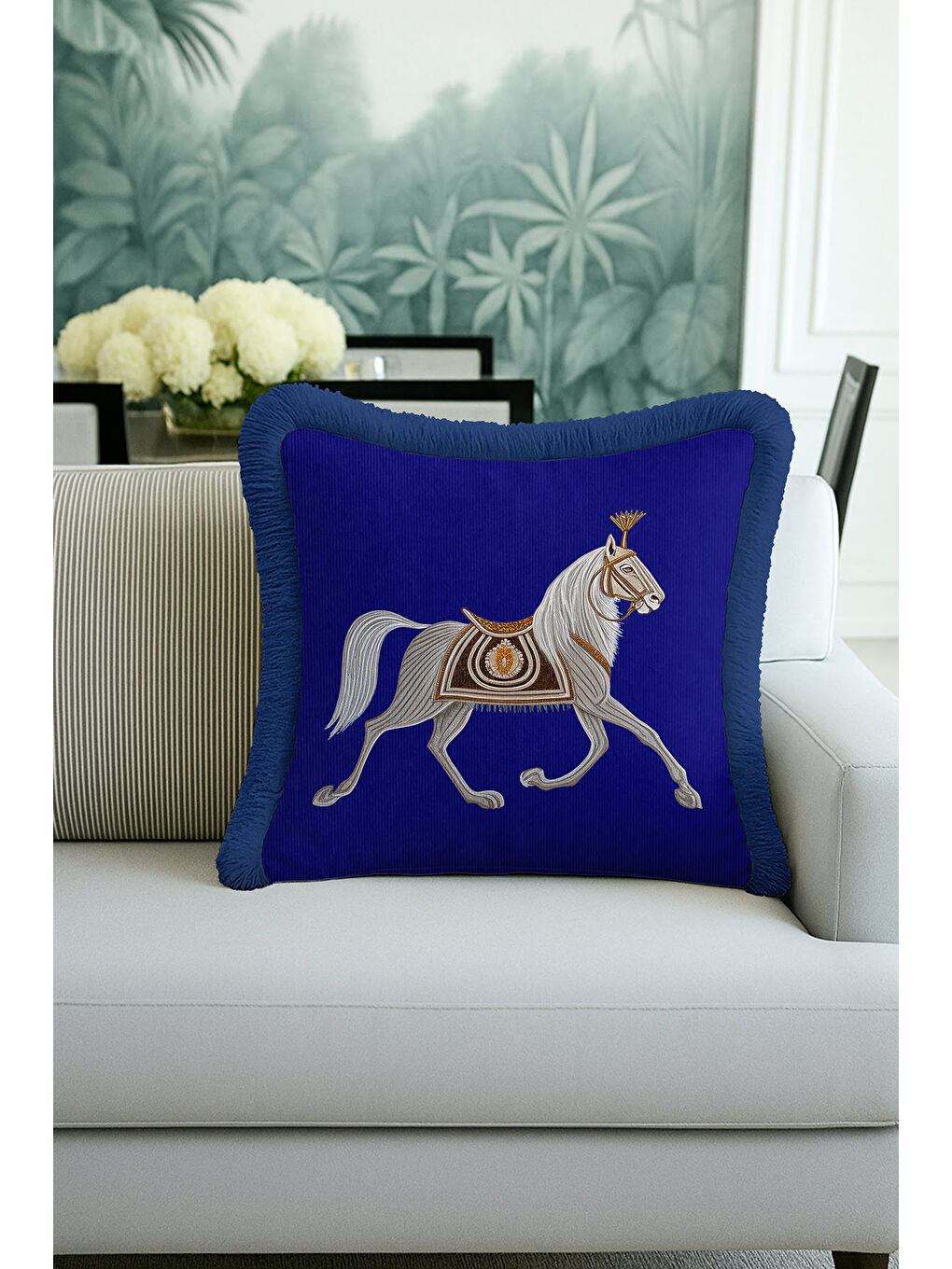 Karışık Asil At Figürlü Saçaklı Yastık Kılıfı - Saray İhtişamı Klasik Mavi Gold Püsküllü Kırlent Kılıfı-4