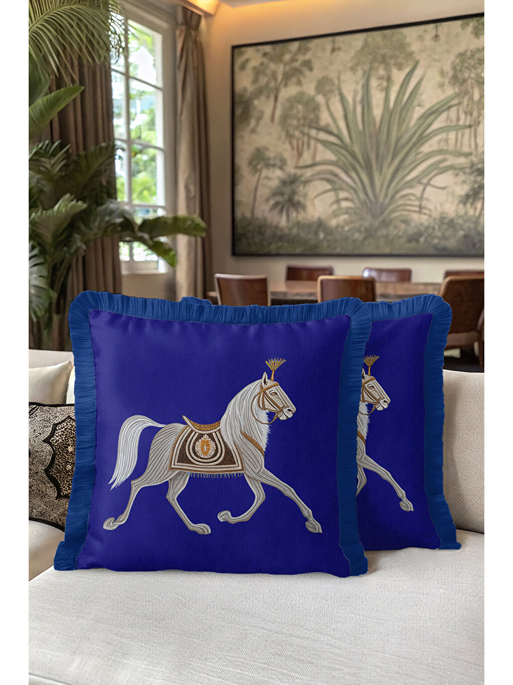 Karışık Asil At Figürlü Saçaklı Yastık Kılıfı - Saray İhtişamı Klasik Mavi Gold Püsküllü Kırlent Kılıfı-5