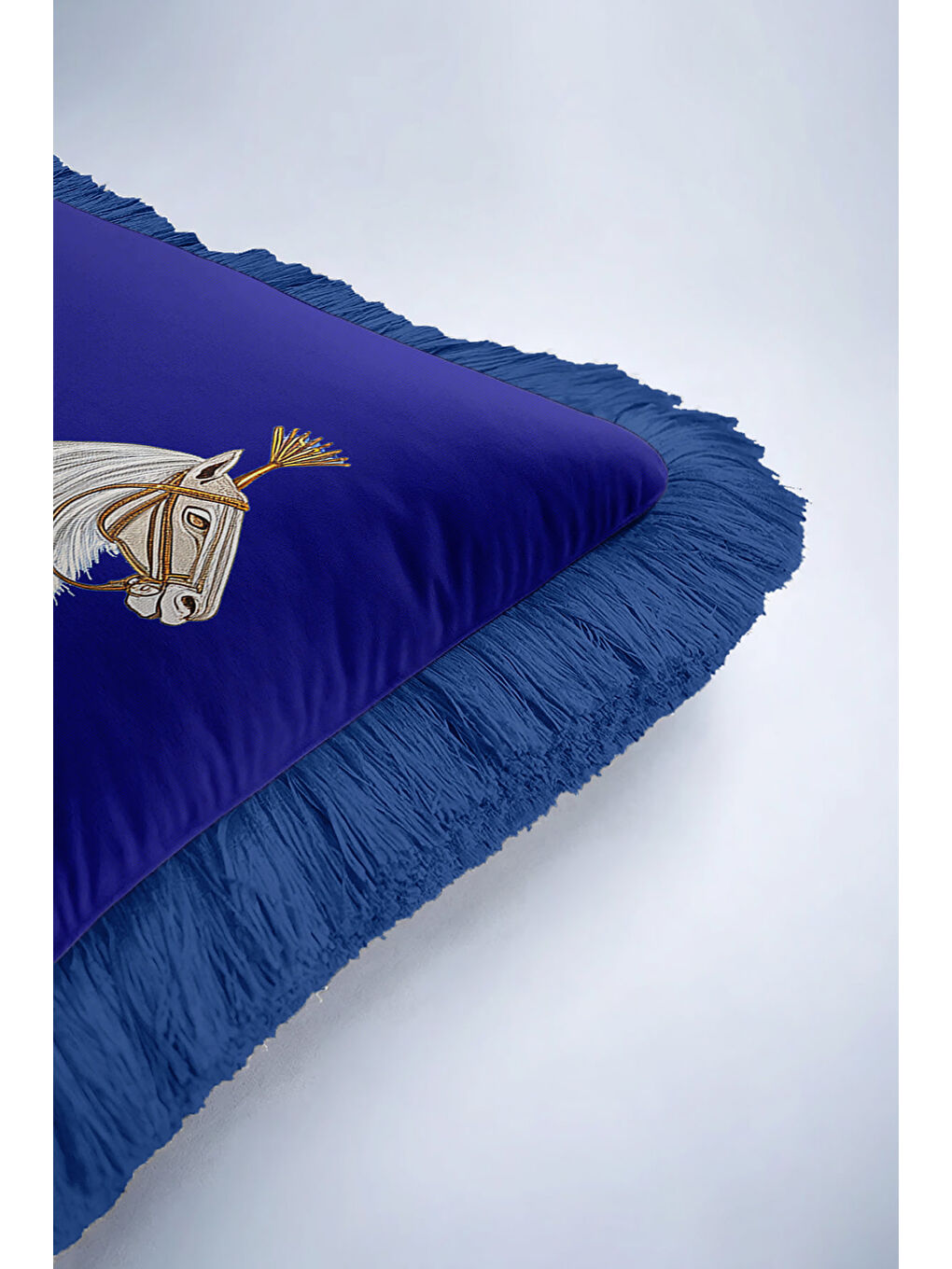 Karışık Asil At Figürlü Saçaklı Yastık Kılıfı - Saray İhtişamı Klasik Mavi Gold Püsküllü Kırlent Kılıfı-6