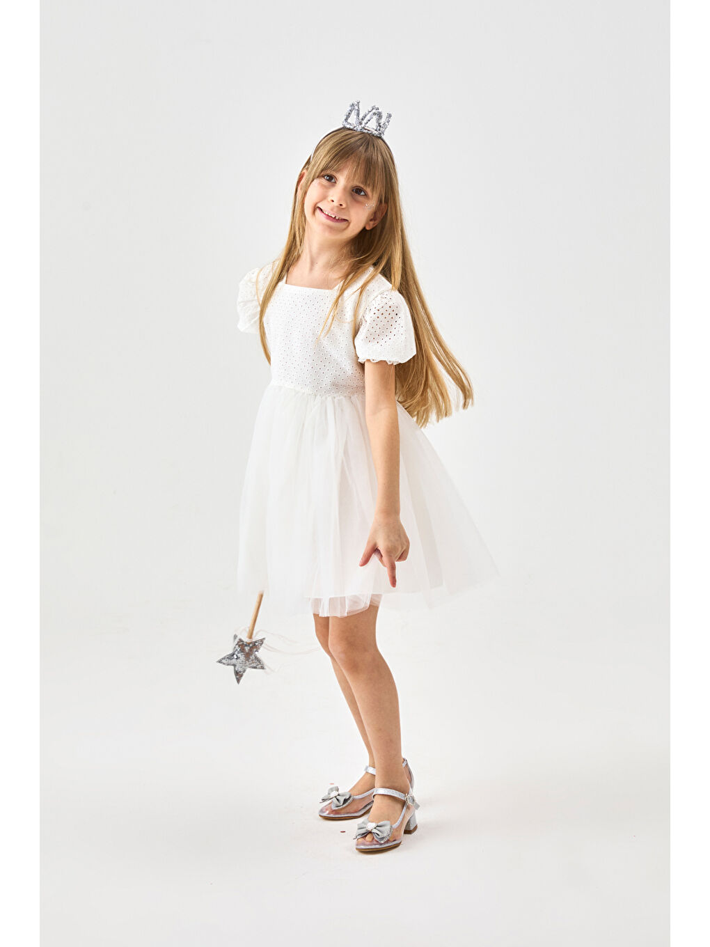 Beyaz Kısa Kollu Fisto Bluzlu Tül Etekli Kız Çocuk Elbise - Marcia-1