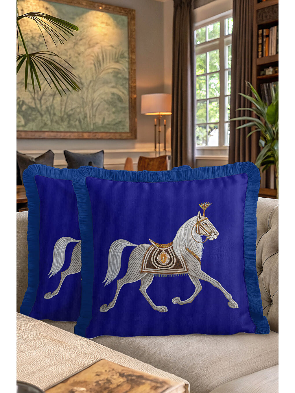 Karışık Asil At Figürlü Saçaklı Yastık Kılıfı - Saray İhtişamı Klasik Mavi Gold Püsküllü Kırlent Kılıfı-7