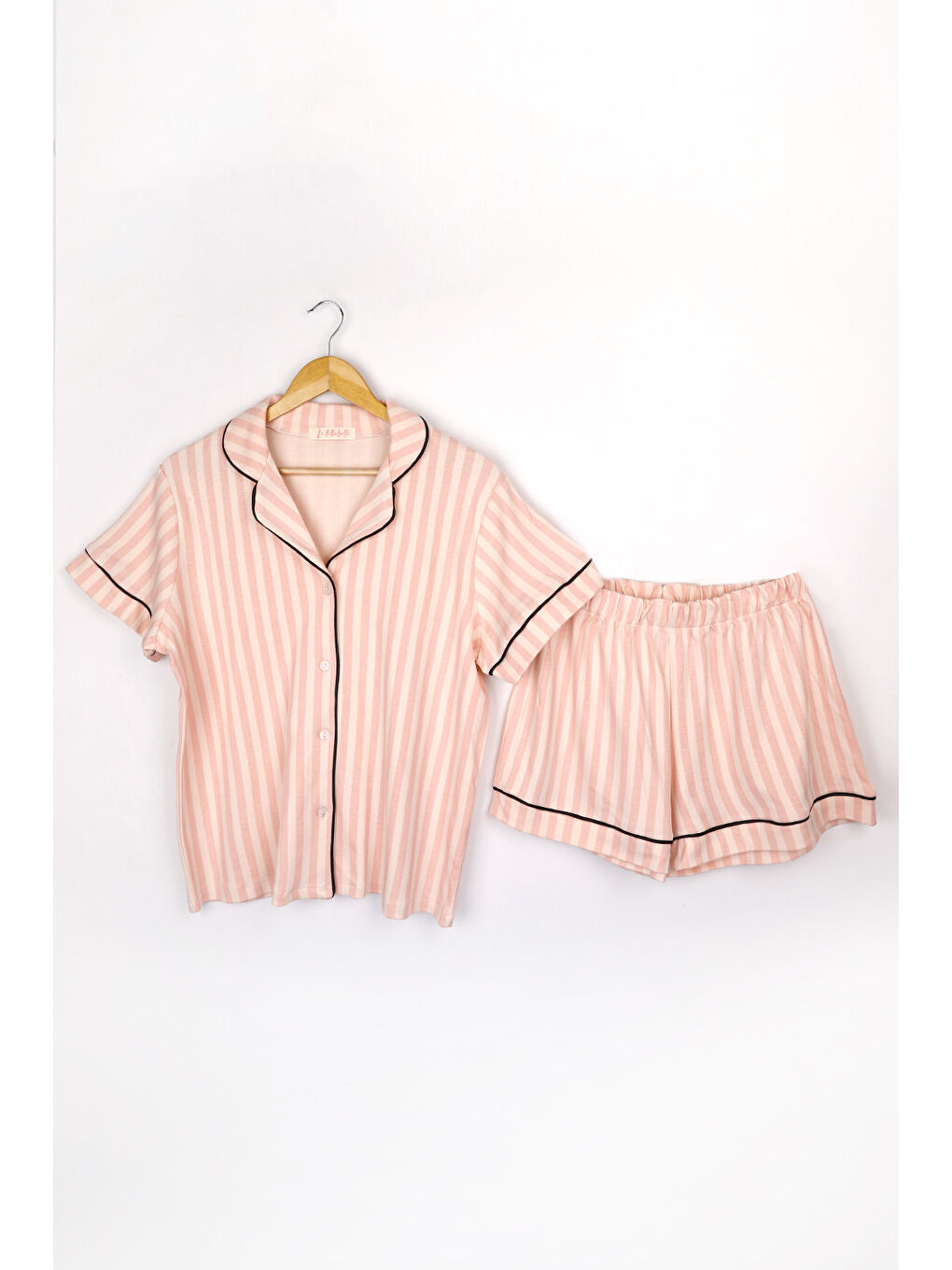 Pembe Pudra Şeritli Penye Kadın Pijama Takımı