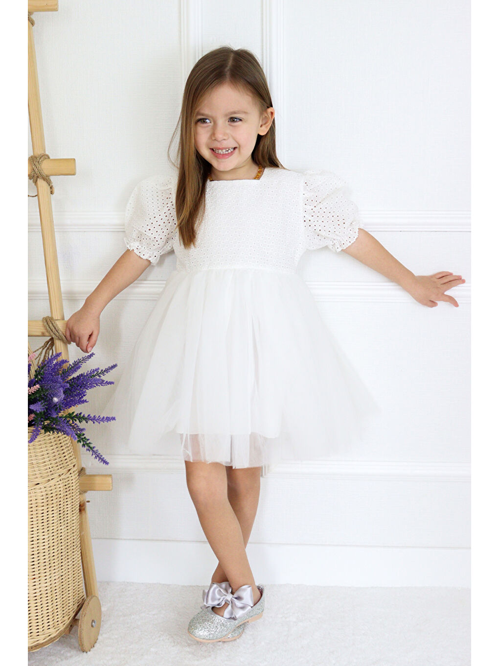 Beyaz Kısa Kollu Fisto Bluzlu Tül Etekli Kız Çocuk Elbise - Marcia-2