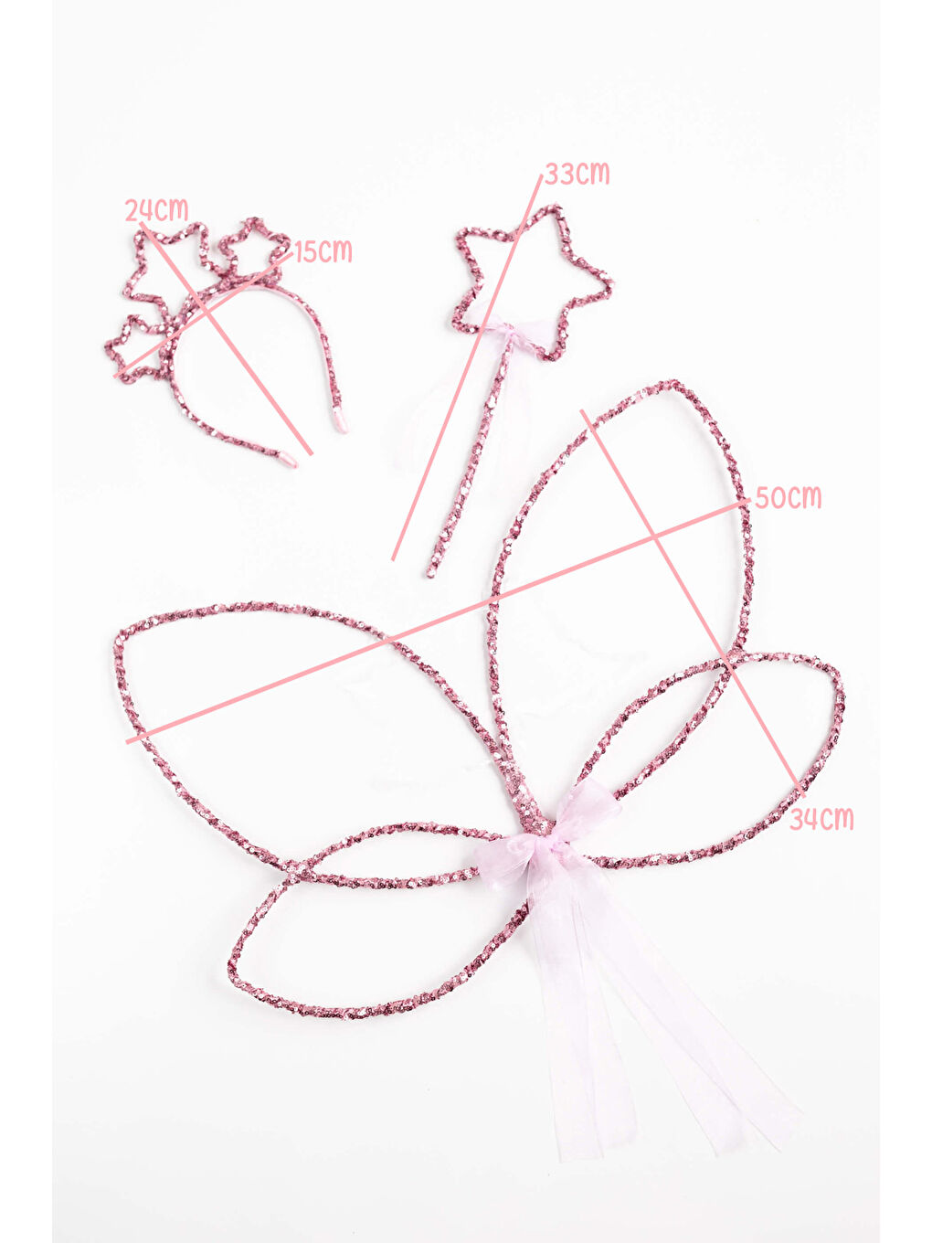Fuşya Simli Kelebek Kanat Asa Taç 3'lü Set-3