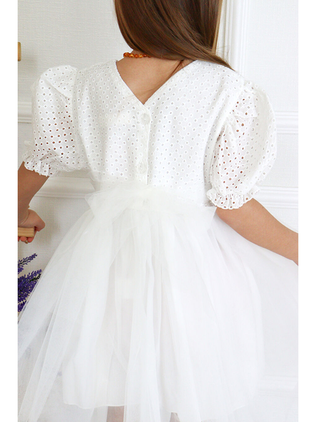 Beyaz Kısa Kollu Fisto Bluzlu Tül Etekli Kız Çocuk Elbise - Marcia-3