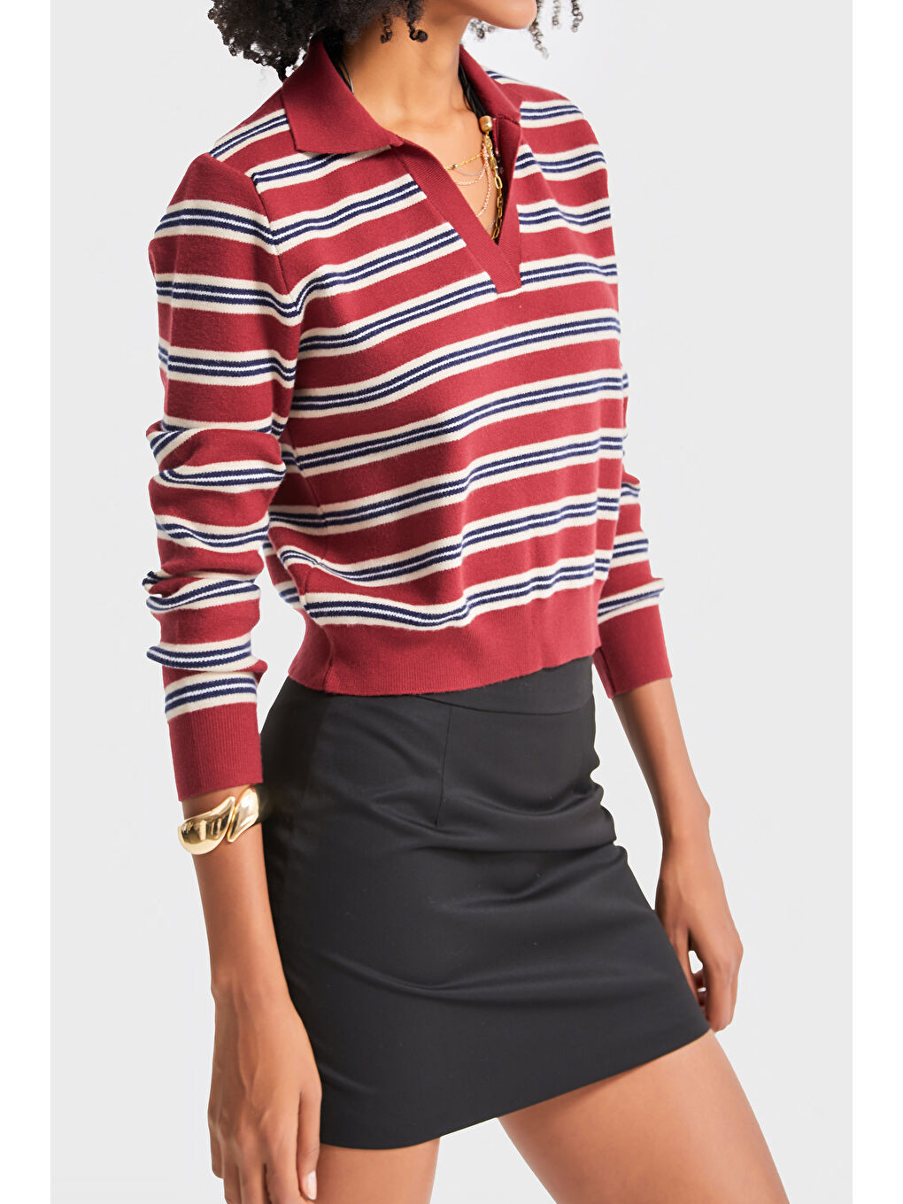 Kadın Kırmızı İndigo Renk w5-35 Polo Yaka Çizgili Rahat Kesim Örme Triko Swetshirt