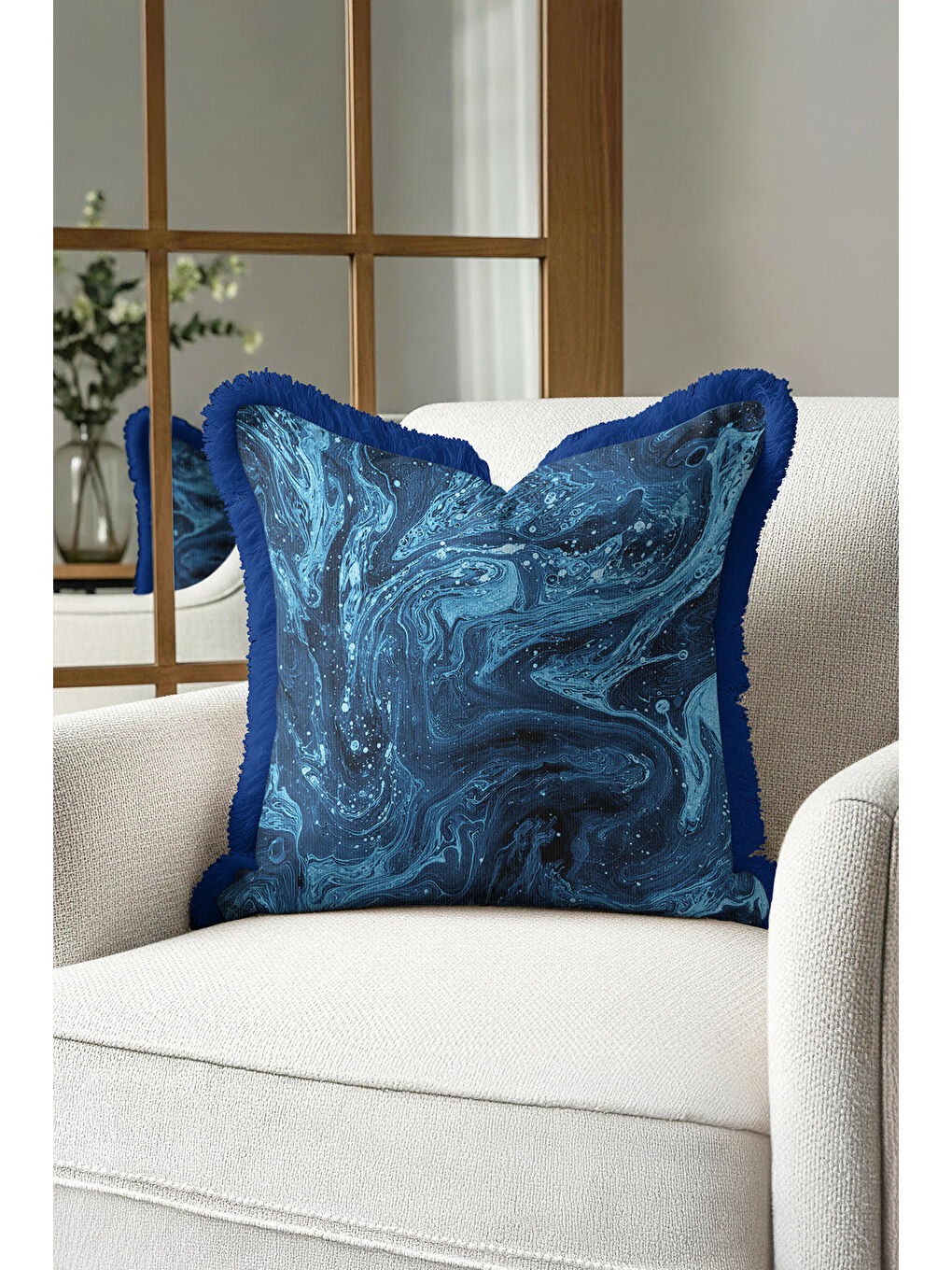 Karışık Mermer Dalga Lüks Saçaklı Yastık Kılıfı - Soyut Modern Mavi Lacivert Püsküllü Kırlent Kılıfı