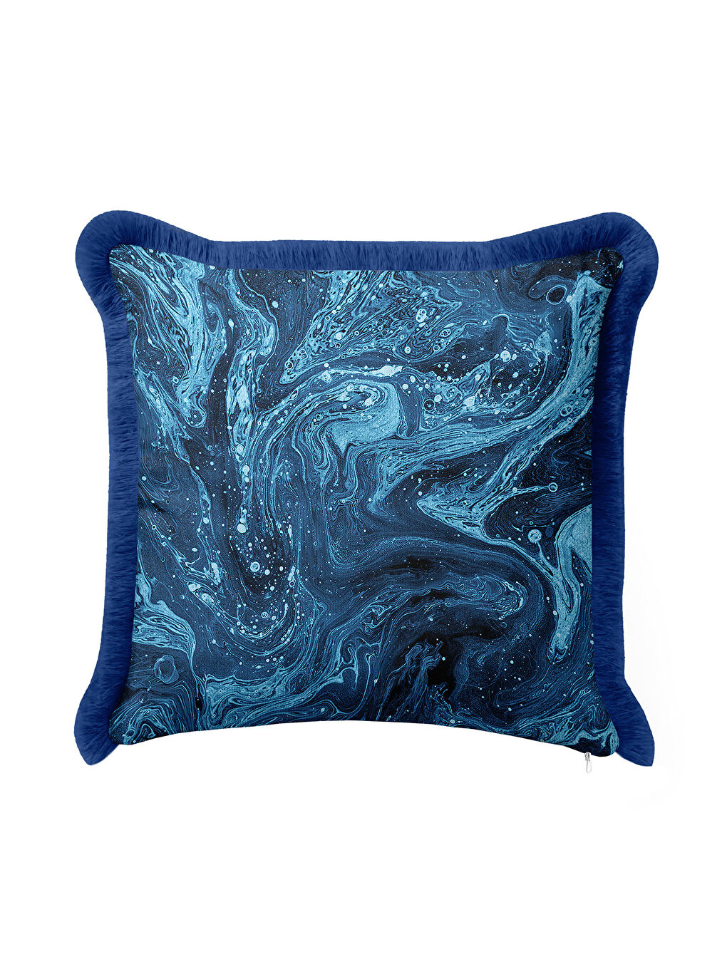 Karışık Mermer Dalga Lüks Saçaklı Yastık Kılıfı - Soyut Modern Mavi Lacivert Püsküllü Kırlent Kılıfı-1
