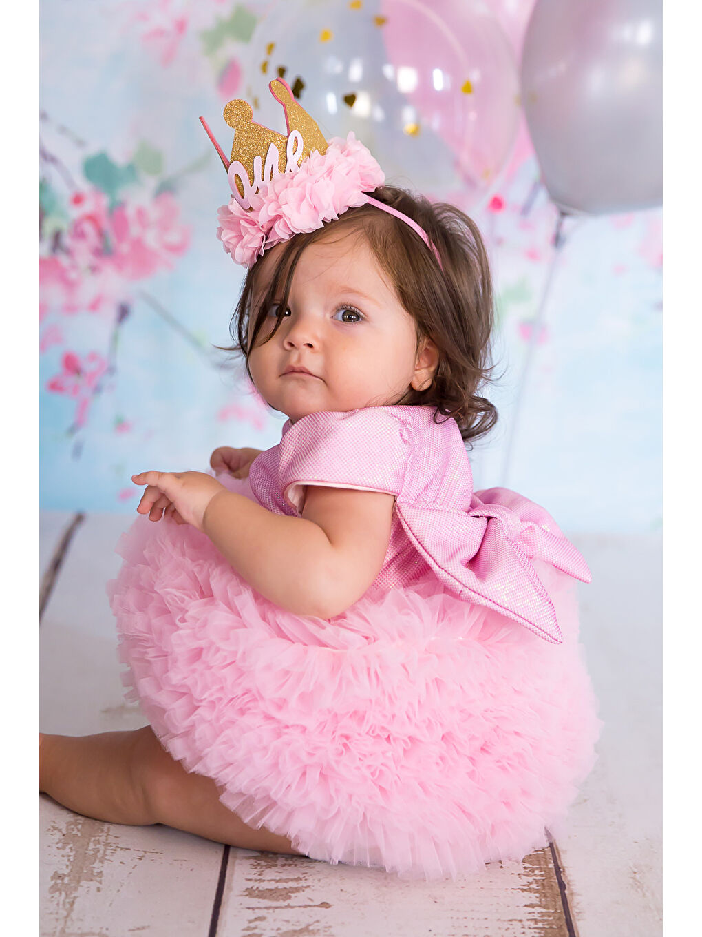 Kısa Kollu Pembe Tütülü Bebek Prenses Elbise - Lina-1