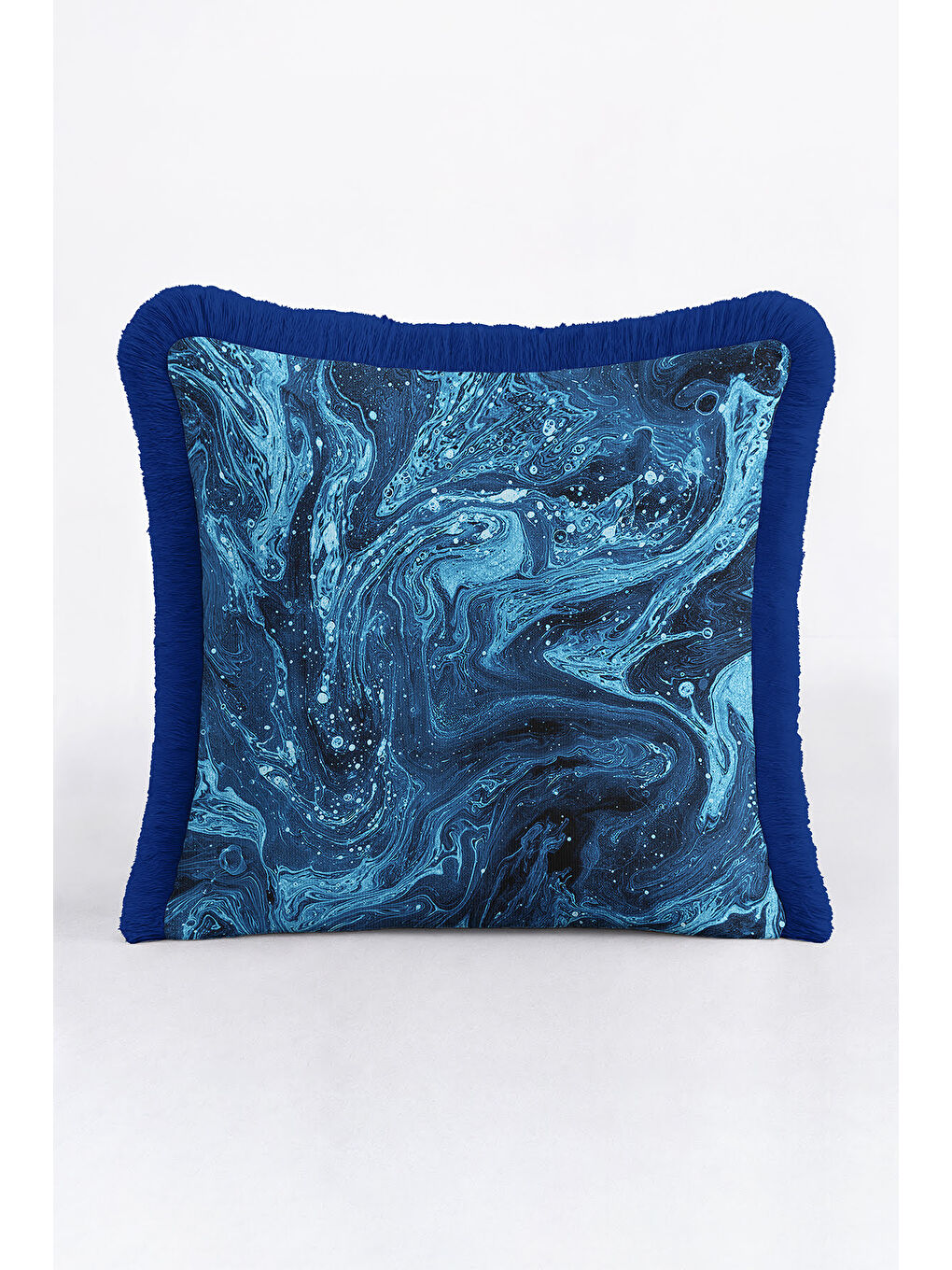 Karışık Mermer Dalga Lüks Saçaklı Yastık Kılıfı - Soyut Modern Mavi Lacivert Püsküllü Kırlent Kılıfı-2