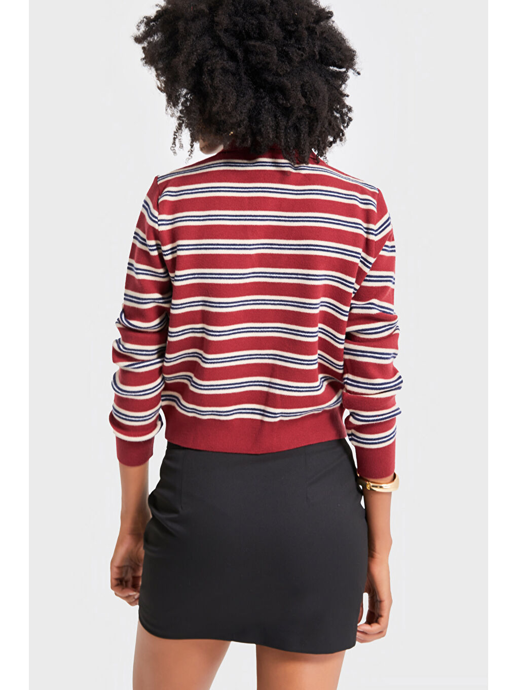 Kadın Kırmızı İndigo Renk w5-35 Polo Yaka Çizgili Rahat Kesim Örme Triko Swetshirt-2