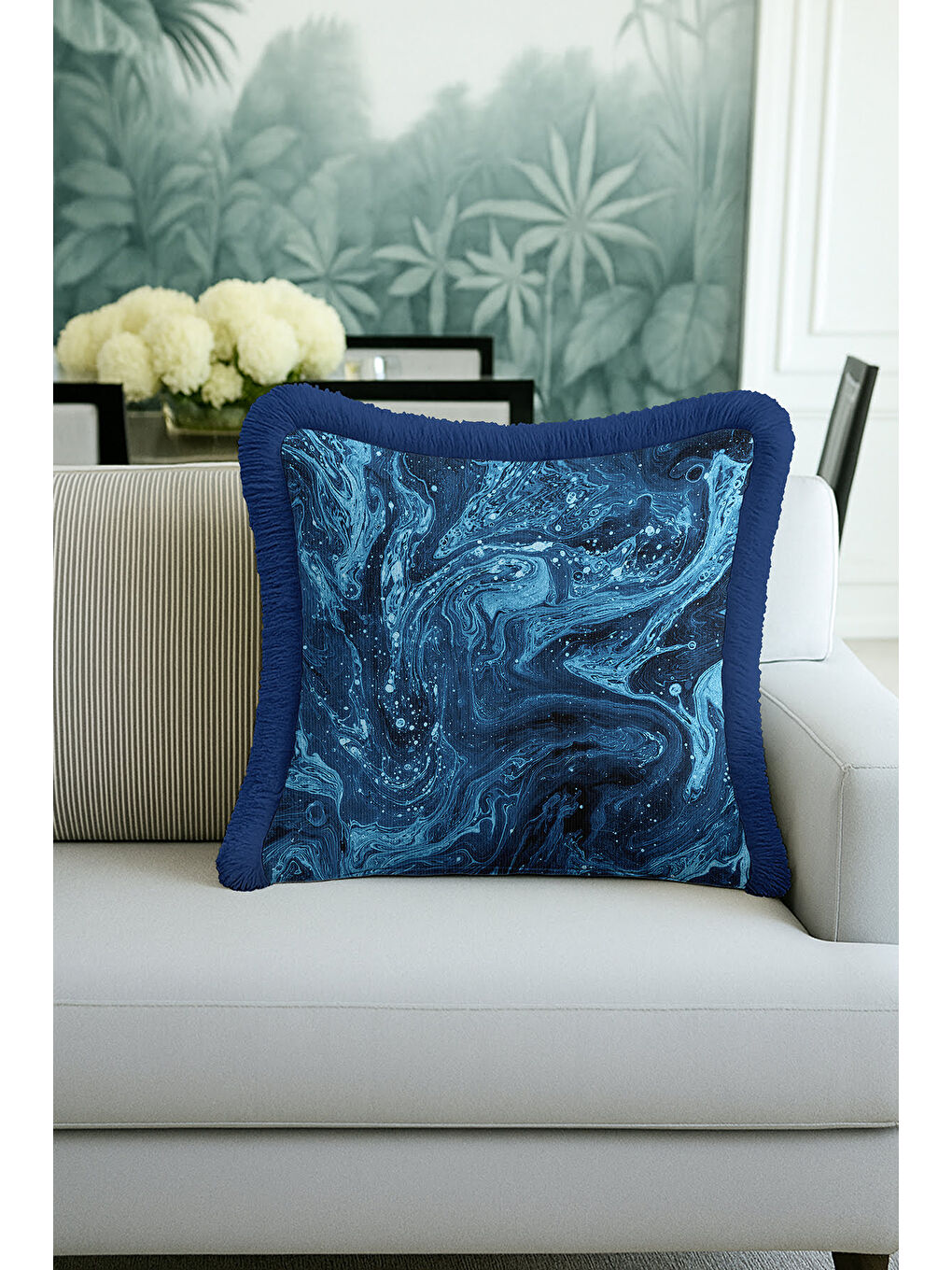 Karışık Mermer Dalga Lüks Saçaklı Yastık Kılıfı - Soyut Modern Mavi Lacivert Püsküllü Kırlent Kılıfı-3