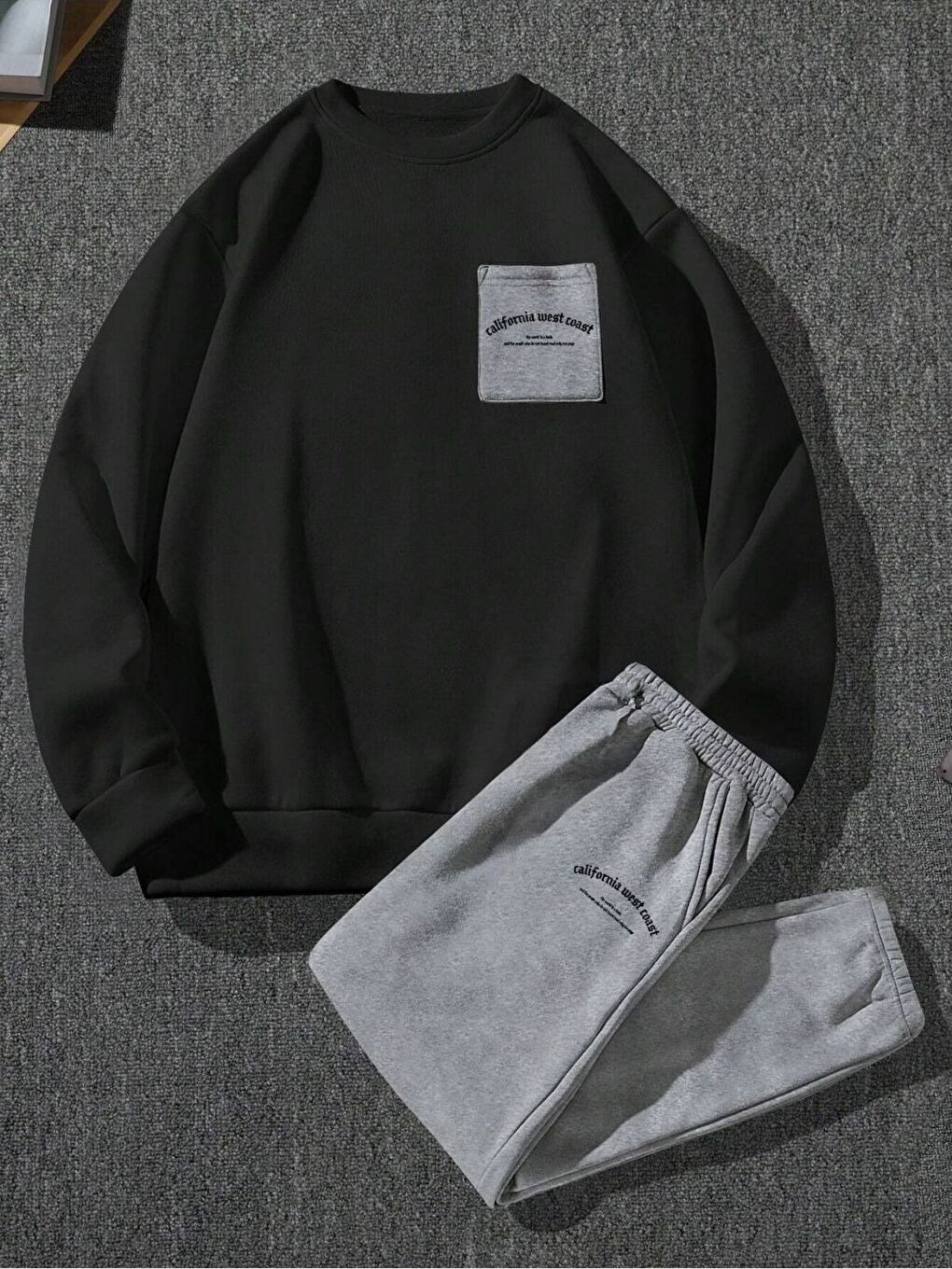 Erkek 3 Iplik Siyah Grimenaj Cebi California Baskılı Alt Üst Eşofman Takım