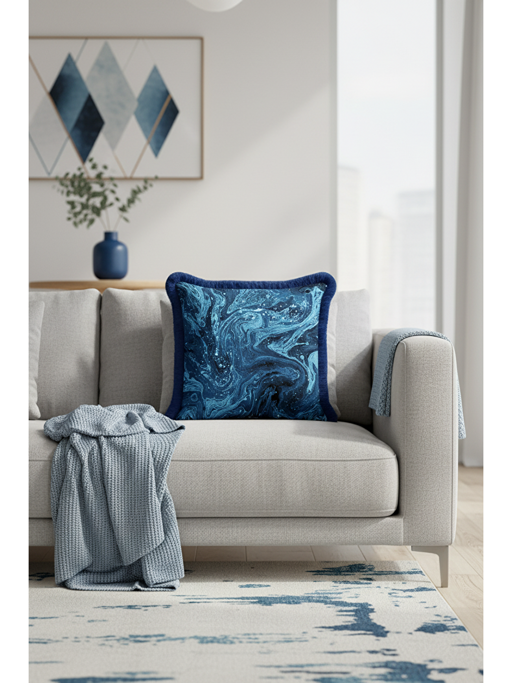 Karışık Mermer Dalga Lüks Saçaklı Yastık Kılıfı - Soyut Modern Mavi Lacivert Püsküllü Kırlent Kılıfı-4