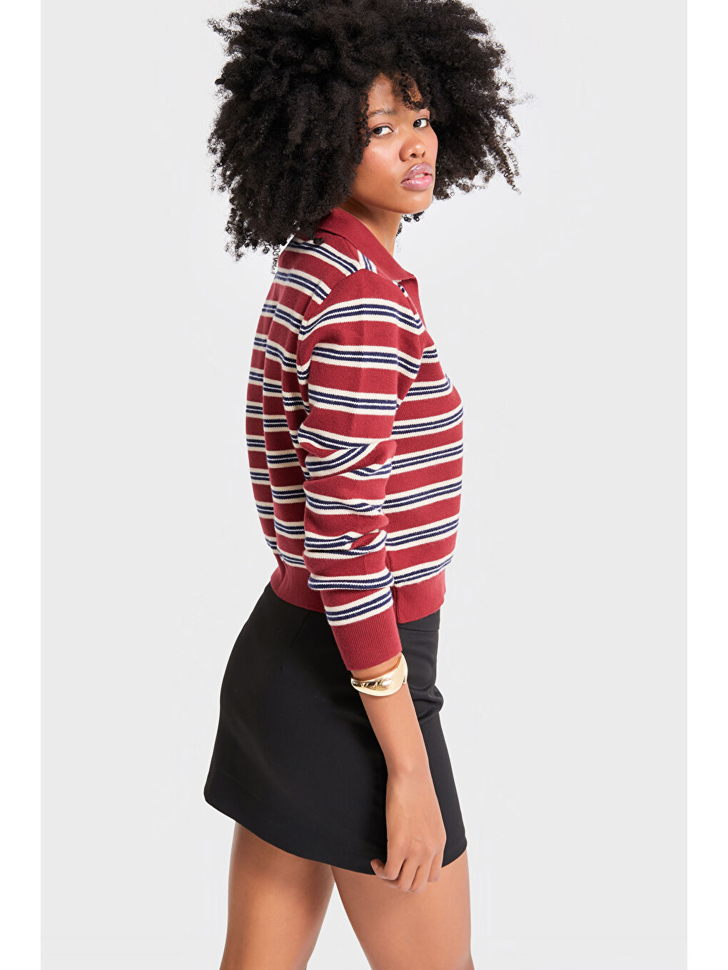 Kadın Kırmızı İndigo Renk w5-35 Polo Yaka Çizgili Rahat Kesim Örme Triko Swetshirt-3