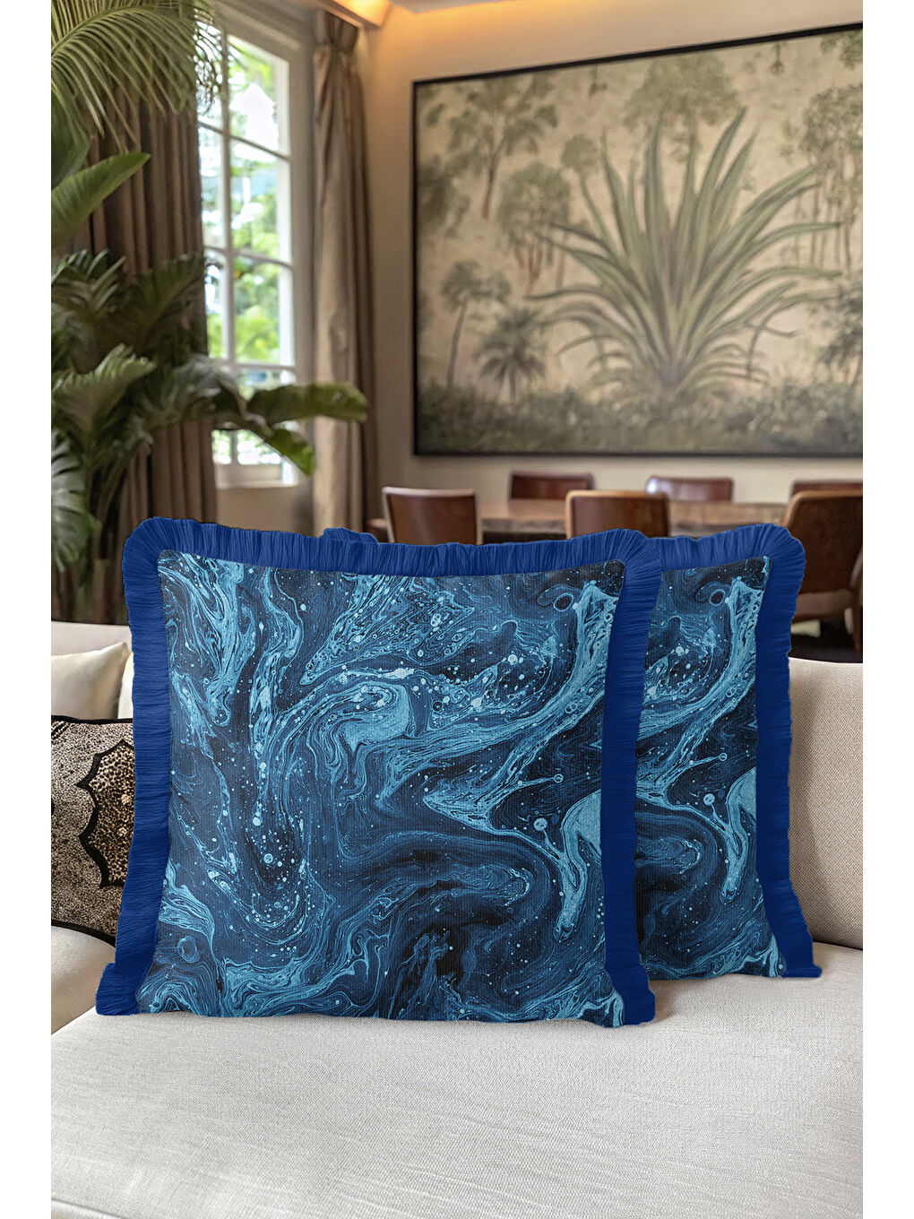 Karışık Mermer Dalga Lüks Saçaklı Yastık Kılıfı - Soyut Modern Mavi Lacivert Püsküllü Kırlent Kılıfı-5
