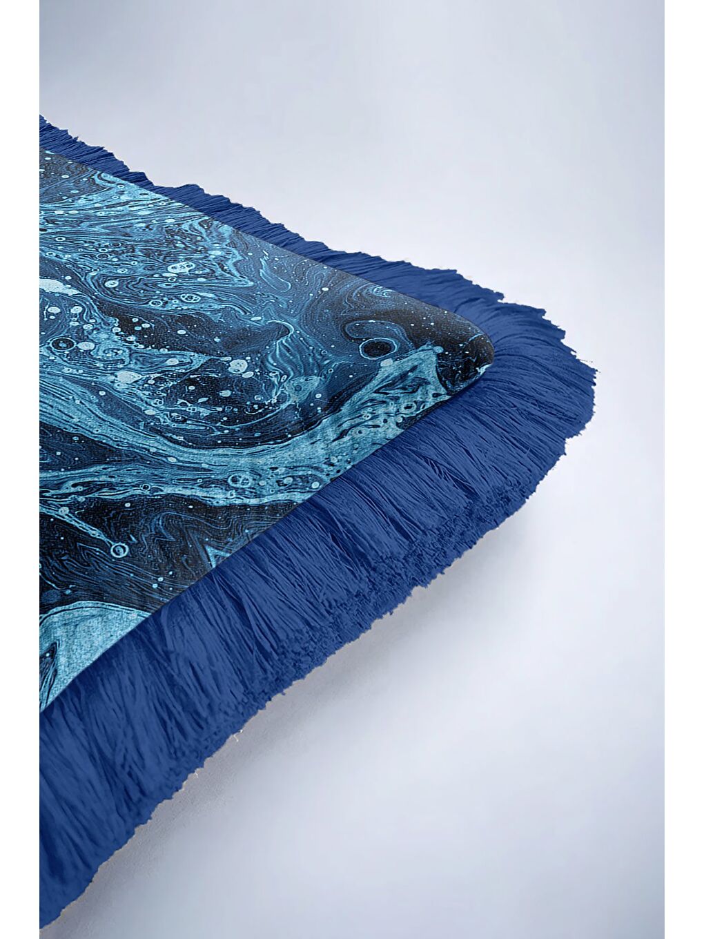 Karışık Mermer Dalga Lüks Saçaklı Yastık Kılıfı - Soyut Modern Mavi Lacivert Püsküllü Kırlent Kılıfı-6