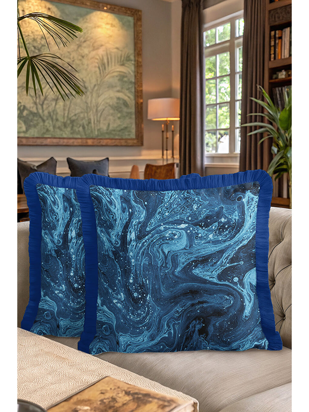 Karışık Mermer Dalga Lüks Saçaklı Yastık Kılıfı - Soyut Modern Mavi Lacivert Püsküllü Kırlent Kılıfı-7