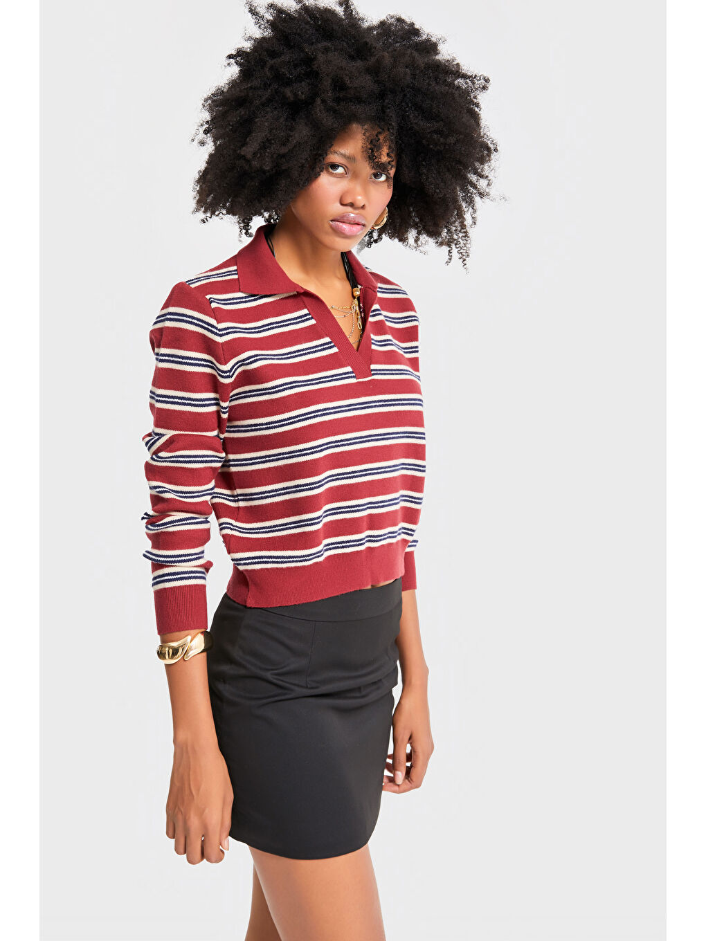 Kadın Kırmızı İndigo Renk w5-35 Polo Yaka Çizgili Rahat Kesim Örme Triko Swetshirt-4