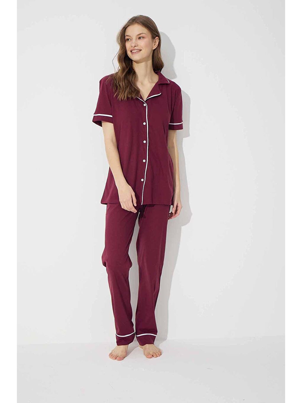 Mor Kısa Kollu Pamuklu Düğmeli Biyeli Pijama Takım-1