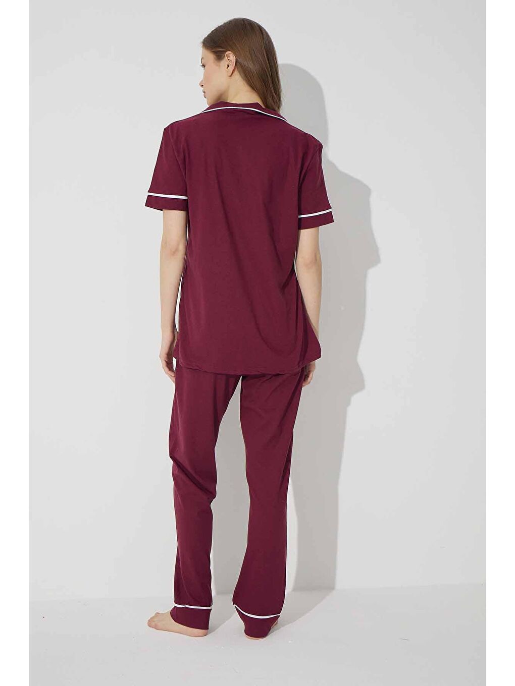 Mor Kısa Kollu Pamuklu Düğmeli Biyeli Pijama Takım-2