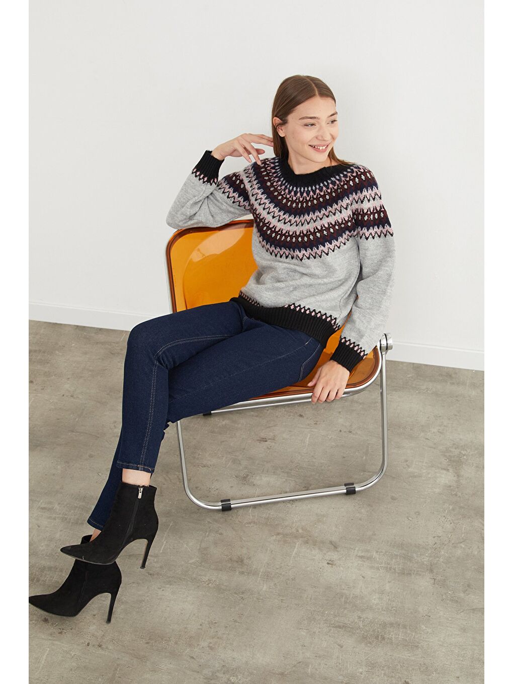 Gri Desenli Bisiklet Yaka Triko Kazak