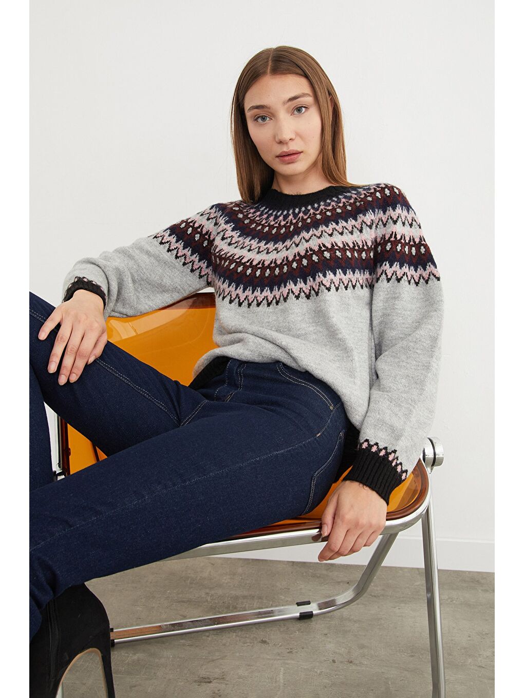 Gri Desenli Bisiklet Yaka Triko Kazak-1