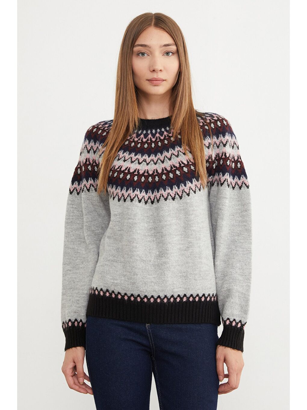 Gri Desenli Bisiklet Yaka Triko Kazak-2