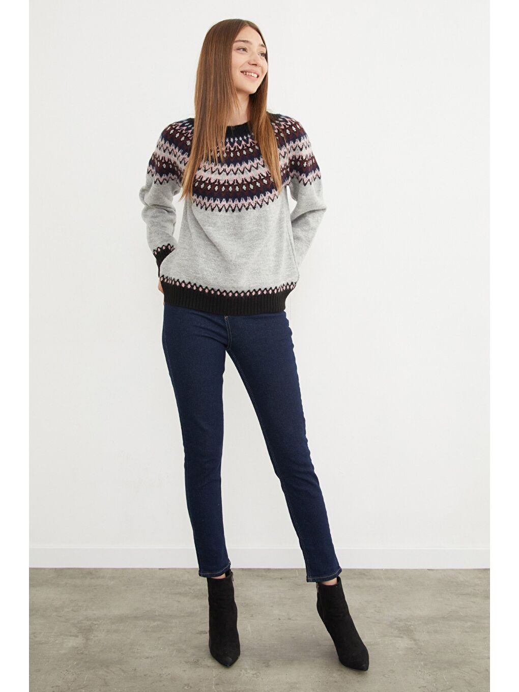 Gri Desenli Bisiklet Yaka Triko Kazak-3