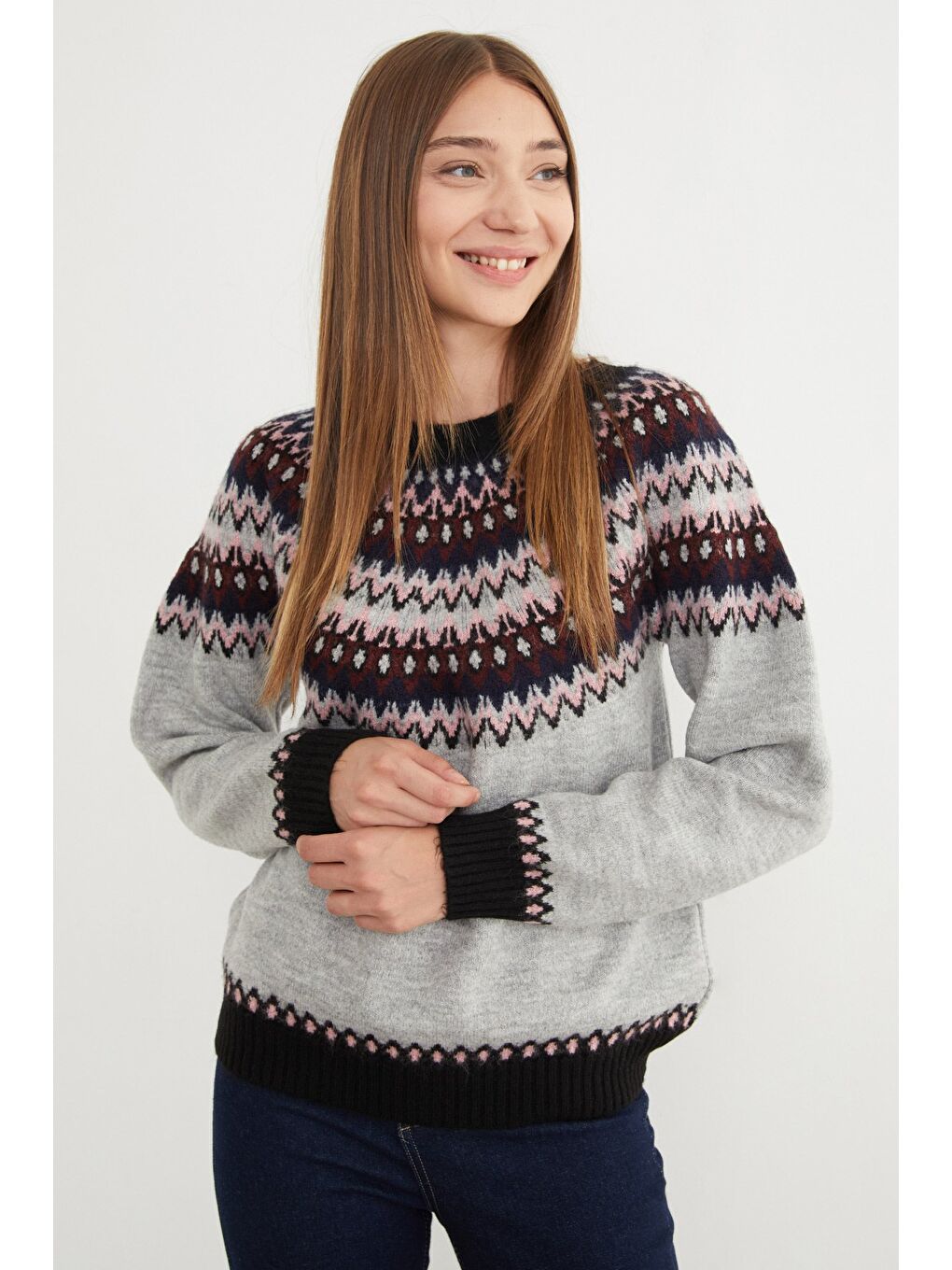 Gri Desenli Bisiklet Yaka Triko Kazak-4