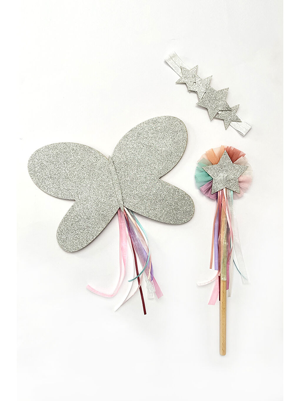 Gri Gümüş Yıldızlı Kanat Asa Saç Bandı Set