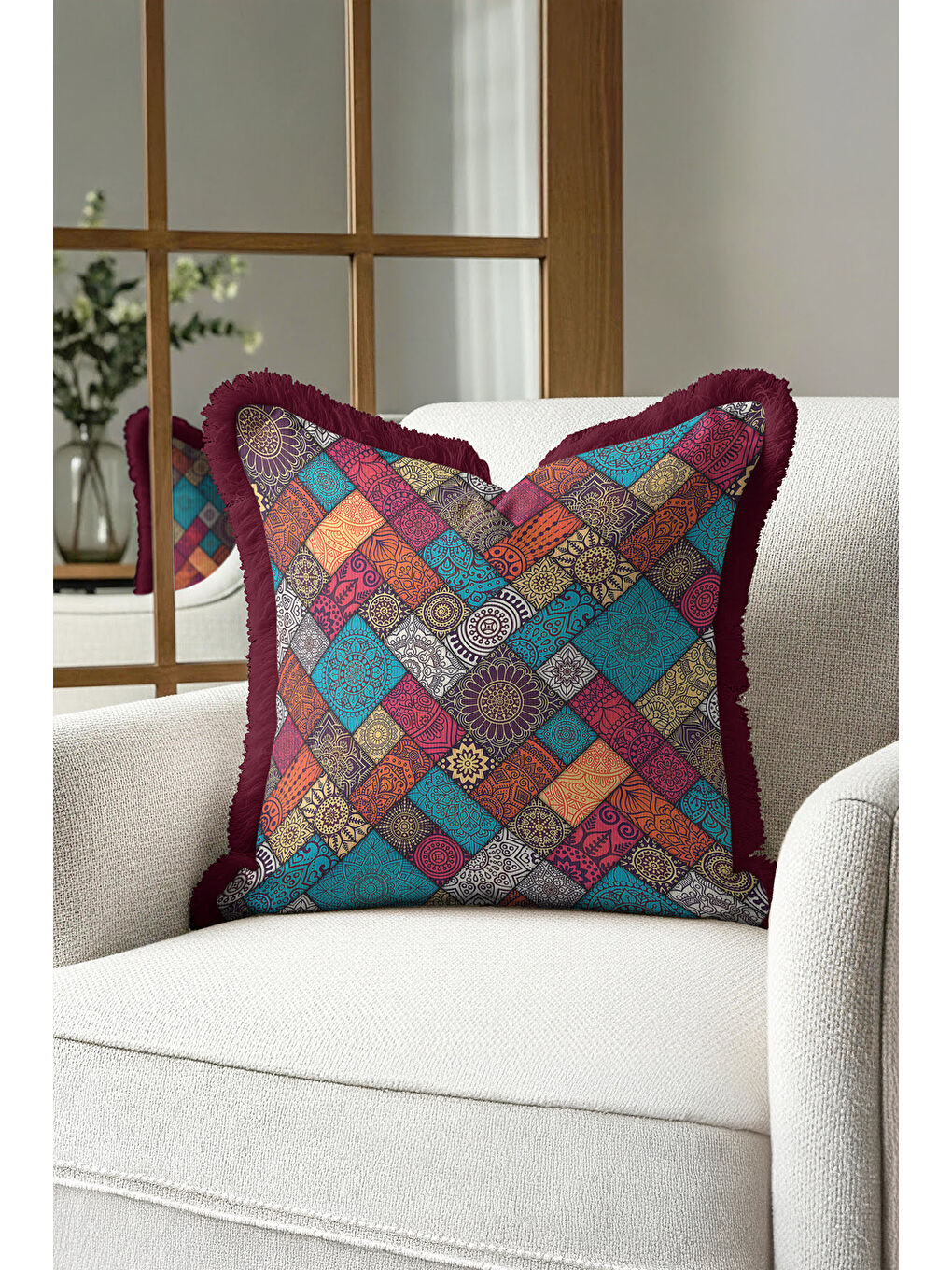 Karışık Etnik Mozaik Saçaklı Yastık Kılıfı - Bohem Çiçekli Turkuaz Bordo Püsküllü Kırlent Kılıfı