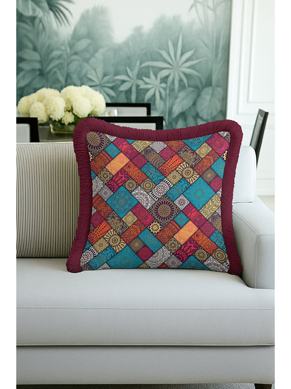 Karışık Etnik Mozaik Saçaklı Yastık Kılıfı - Bohem Çiçekli Turkuaz Bordo Püsküllü Kırlent Kılıfı-1