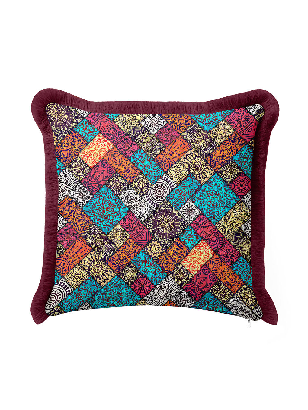 Karışık Etnik Mozaik Saçaklı Yastık Kılıfı - Bohem Çiçekli Turkuaz Bordo Püsküllü Kırlent Kılıfı-2