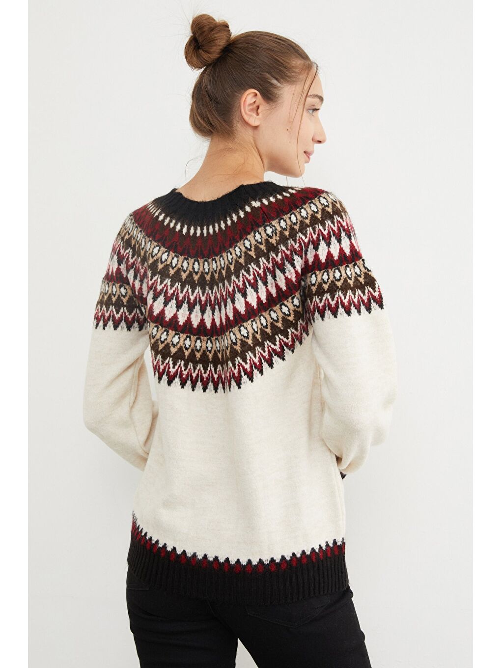 Bej Desenli Bisiklet Yaka Triko Kazak-4