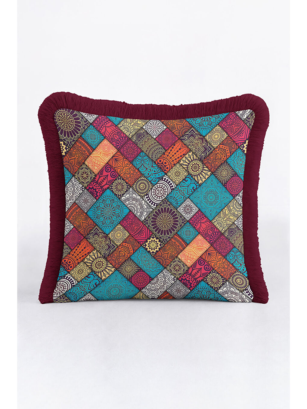 Karışık Etnik Mozaik Saçaklı Yastık Kılıfı - Bohem Çiçekli Turkuaz Bordo Püsküllü Kırlent Kılıfı-3