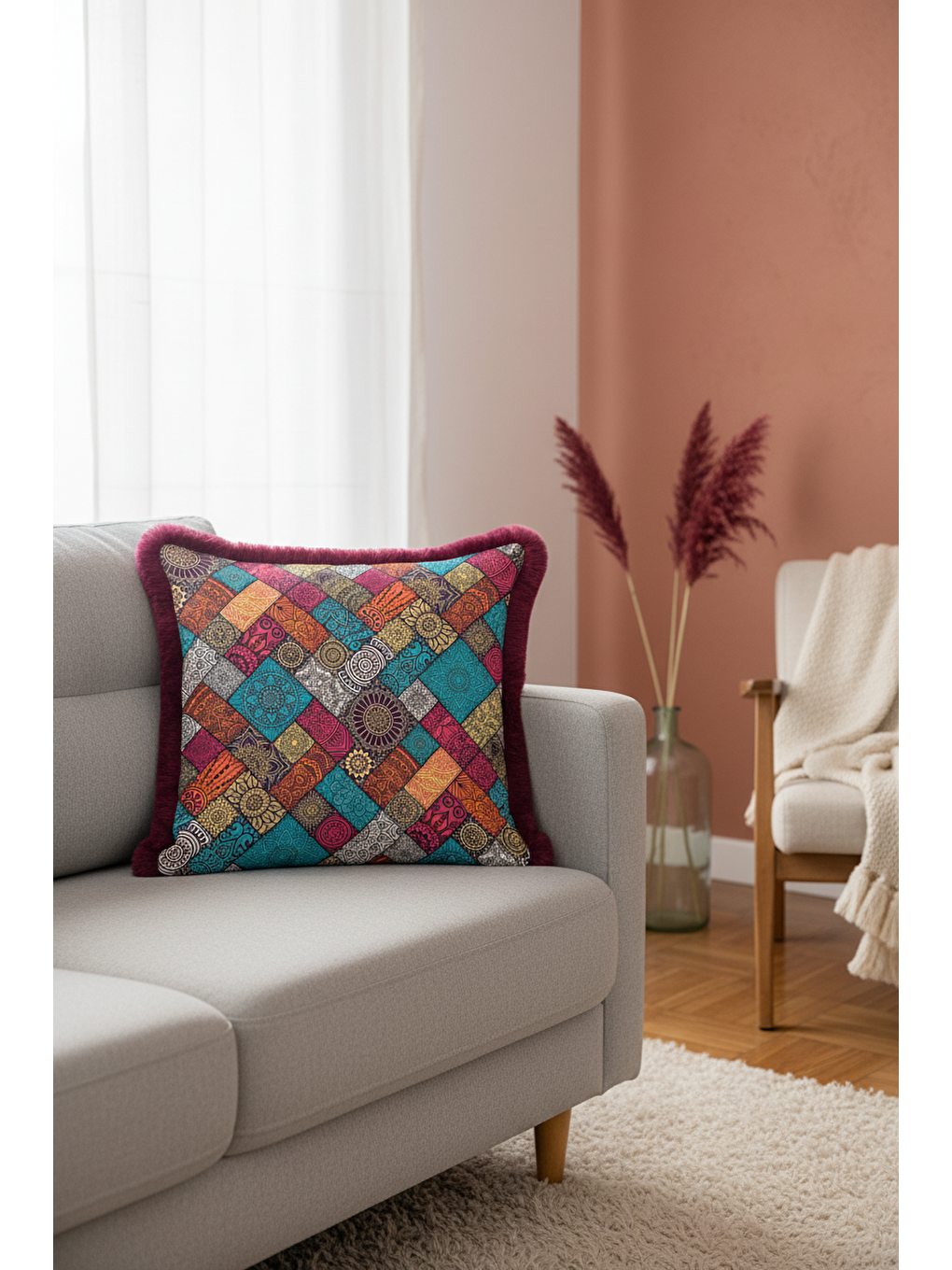 Karışık Etnik Mozaik Saçaklı Yastık Kılıfı - Bohem Çiçekli Turkuaz Bordo Püsküllü Kırlent Kılıfı-4