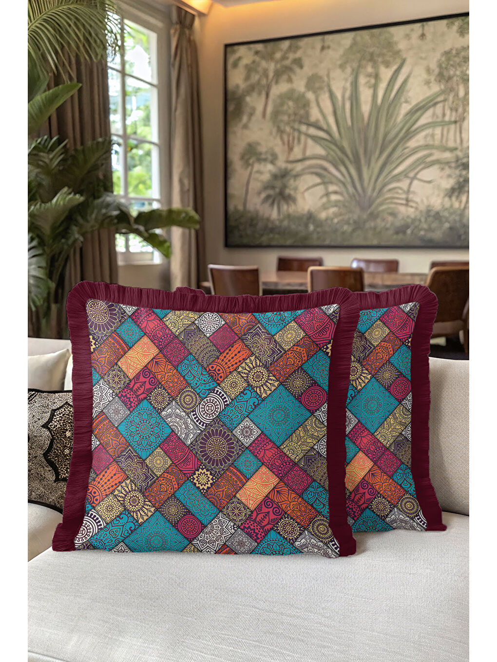 Karışık Etnik Mozaik Saçaklı Yastık Kılıfı - Bohem Çiçekli Turkuaz Bordo Püsküllü Kırlent Kılıfı-5
