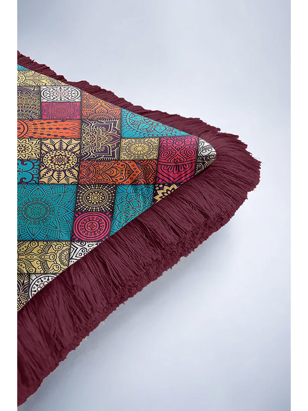 Karışık Etnik Mozaik Saçaklı Yastık Kılıfı - Bohem Çiçekli Turkuaz Bordo Püsküllü Kırlent Kılıfı-6