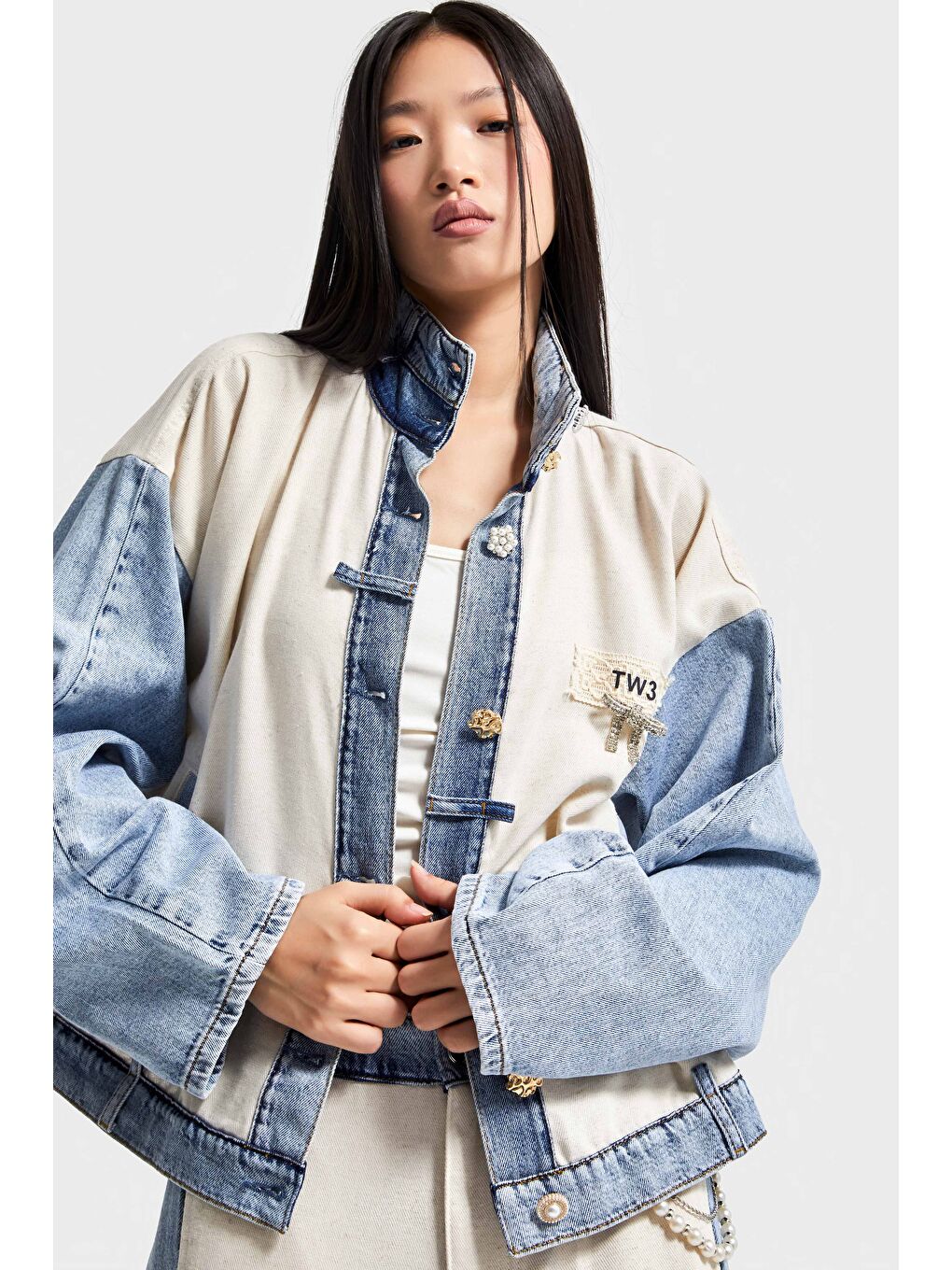 Mavi Kadın Tınt Bej Rengi Denim Örme Kumaş Oversize Özel Tasarım Denim Ceket