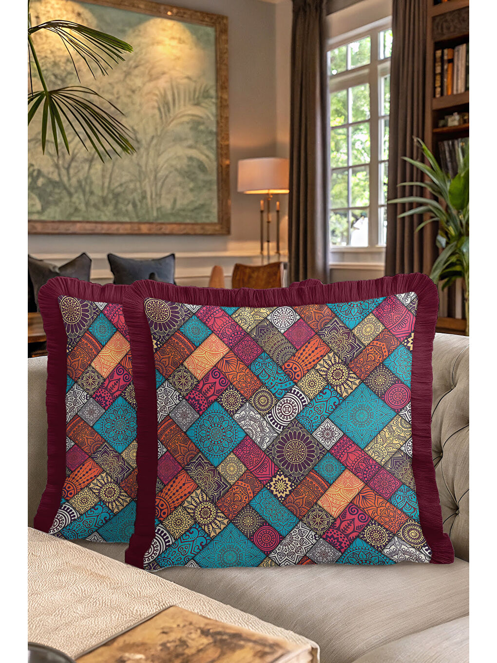 Karışık Etnik Mozaik Saçaklı Yastık Kılıfı - Bohem Çiçekli Turkuaz Bordo Püsküllü Kırlent Kılıfı-7